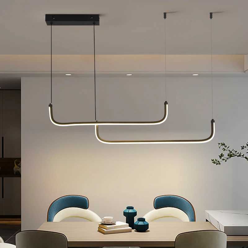 Modern Minimalist LED Pendant Light Fixture For Dining Room Adjustable Height Black Linear Hanging Lamp For Kitchen Living RoomM240731