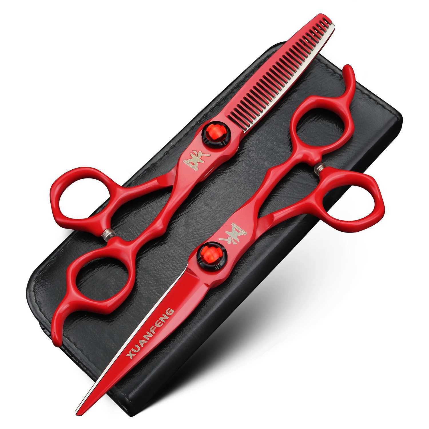 New Arrival XUANFENG 6 inch Ruby Hair Scissors Barbers Completely red Cutting Scissors and thinning Scissors 440c Z241213