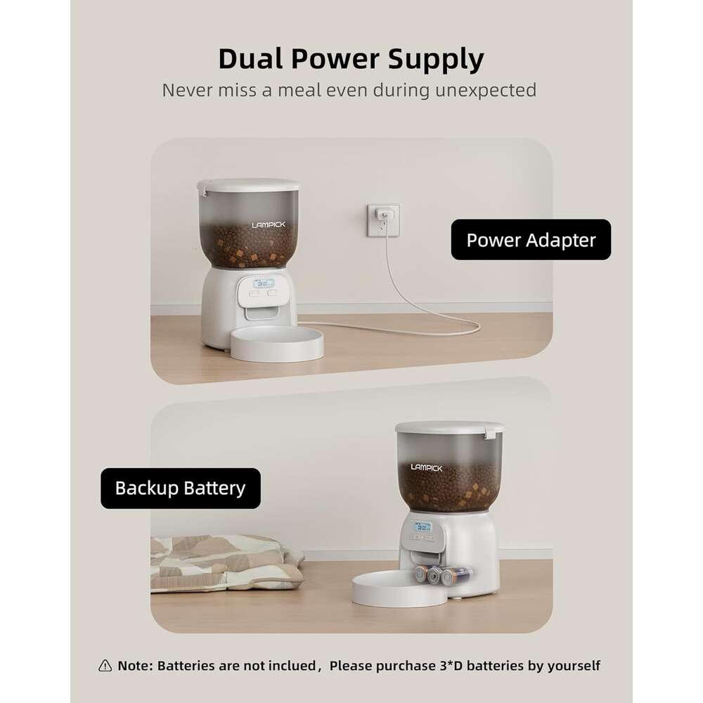 Automatic Cat Feeder, 4L Detachable Cat Food Dispenser for Dry Food Up to 15 Portions(8g/Portion) 6 Meals Per Day, Dual Power Supply Timed Cat Feeders