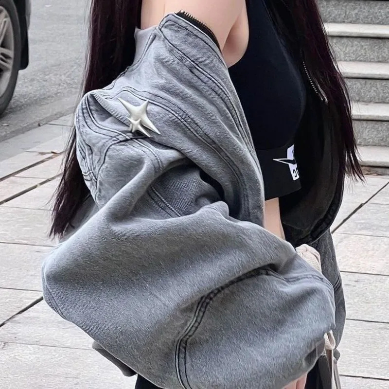 Harajuku Denim Jackets Y2k Cross Crop Grey Women Hippie Streetwear 90s Oversize Zip Jackets Coat Womens Clothing 240807CJ