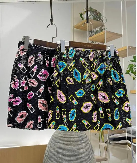 lipstick embroidery skirts women fashion sequined mini skirts woman hippie skirts sequin skirt women 240802
