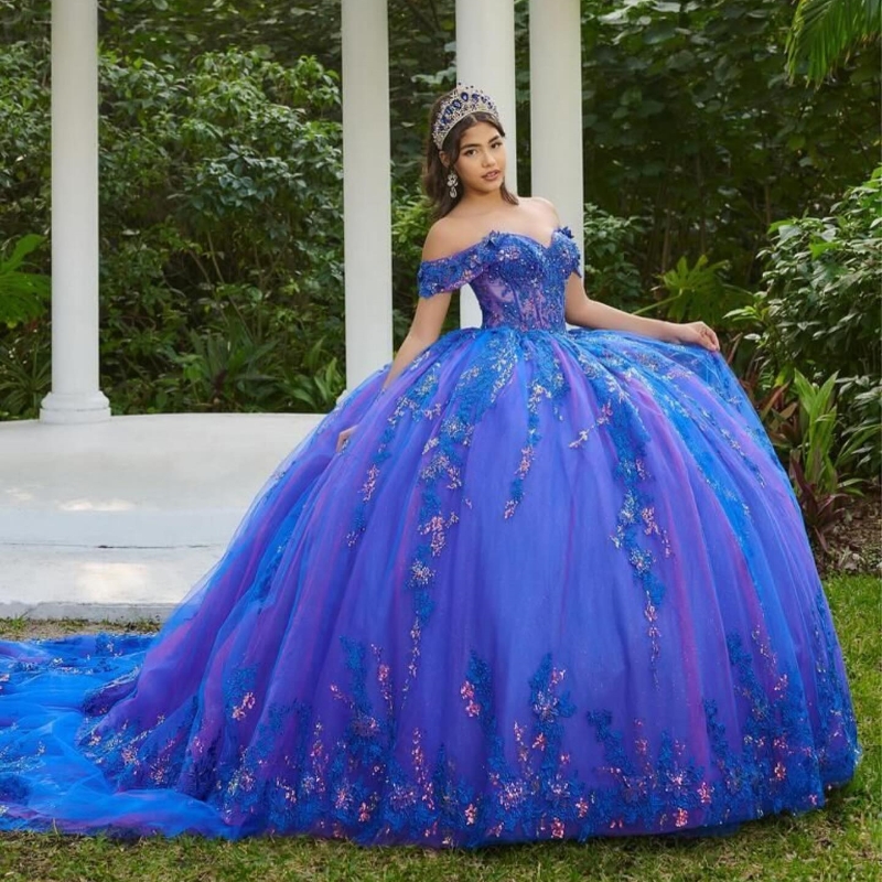 Royal Blue Quinceanera Dresses For Sweet 16 Sequined Applique Lace Beaded Tull Graduatin Party Birthday Dress vestidos de 15 anos