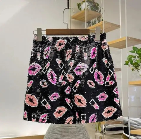 lipstick embroidery skirts women fashion sequined mini skirts woman hippie skirts sequin skirt women 240802
