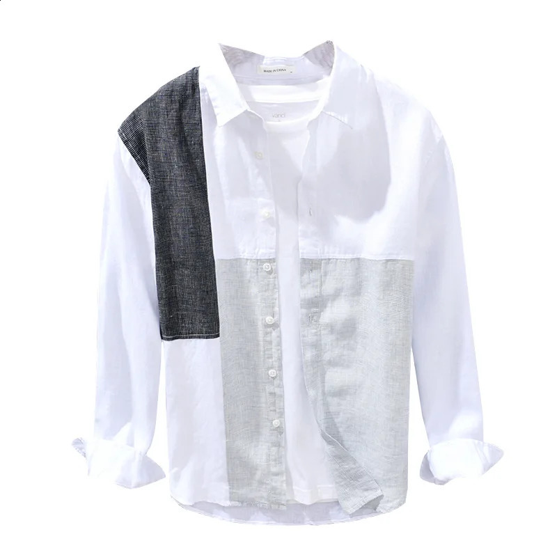 Summer fashion mens linen long sleeved thin collar fashion patch work breathable and healthy Harajuku casual loose day flat top240802
