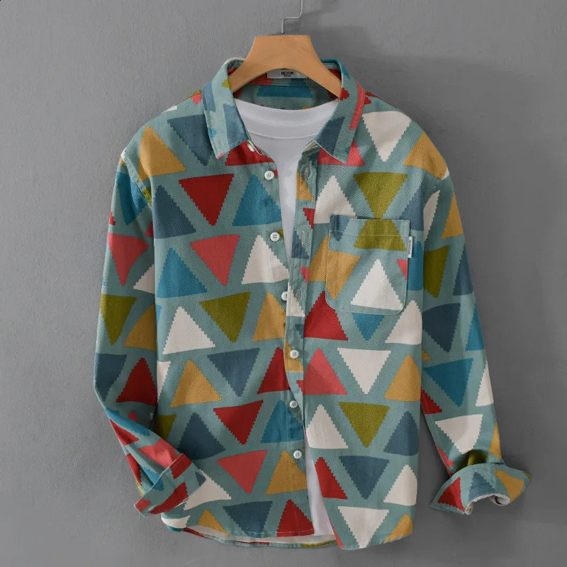 9655 100% cotton spring and autumn fashion mens color printed long sleeved shirt Japanese style geometric fashion casual street top240802