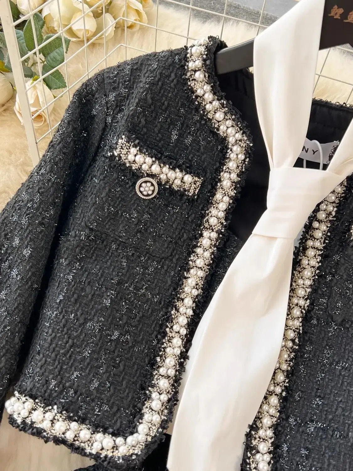 Winter Black Woolen 3 Piece Dress Set Womens Spaghetti Strap Beading Pearls Tweed Mini Vestidos Short Jacket Coat Scarf 240729