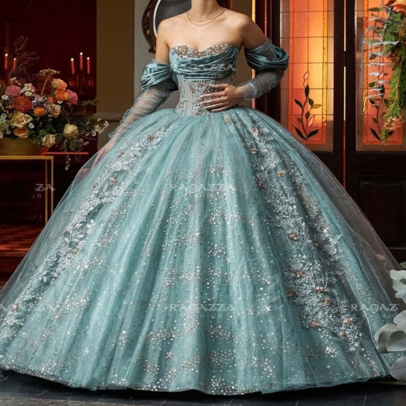 Water Blue Shiny Quinceanera Dresses Crystal Ball Gown Off the Shoulder Giltter Sequins Applique Lace Beads Princess Sweet 16 Dress Vestido 15 De Anos