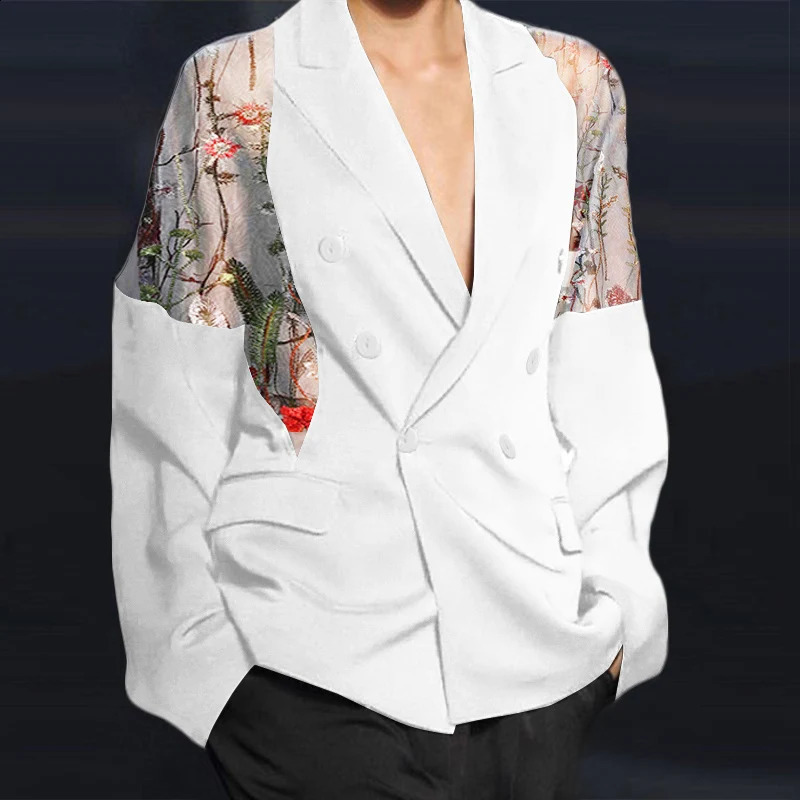 Men Blazer Mesh Patchwork See Through Streetwear Double Breasted Lapel Long Sleeve Outerwear Fashion Men Casual Suits INCERUN 240802