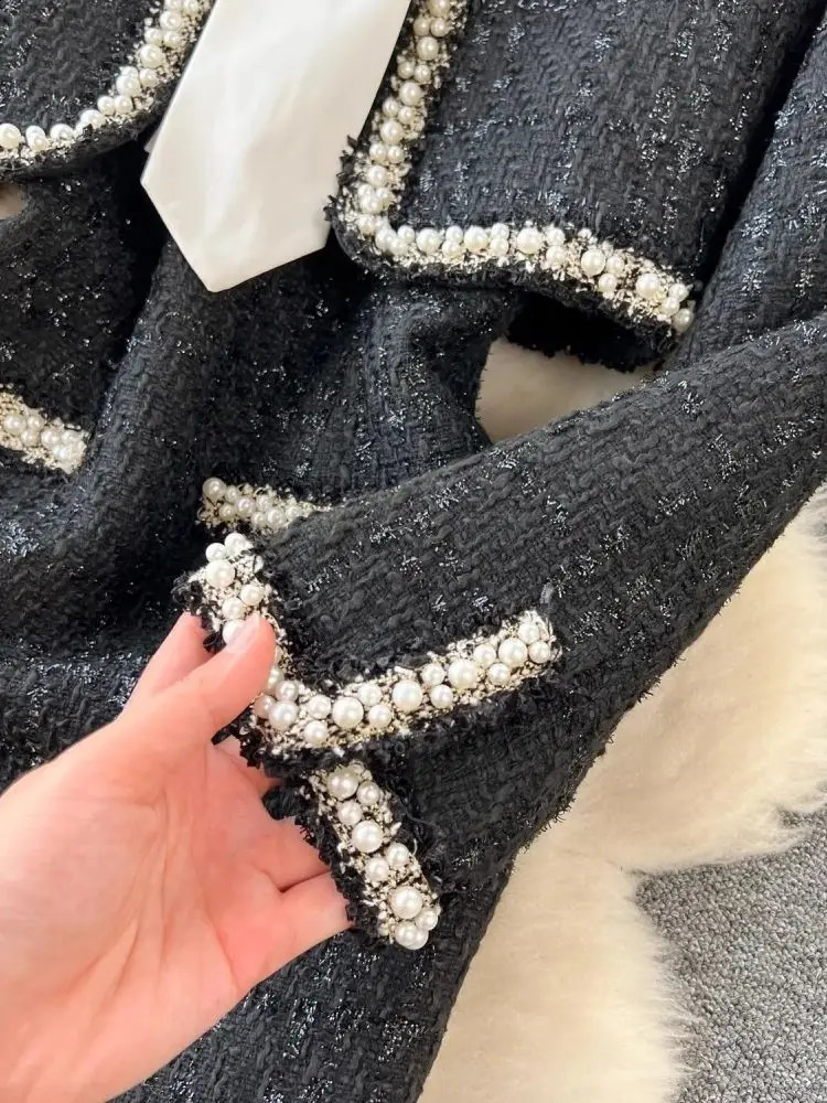 Winter Black Woolen 3 Piece Dress Set Womens Spaghetti Strap Beading Pearls Tweed Mini Vestidos Short Jacket Coat Scarf 240729