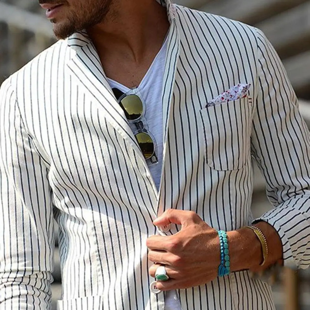 Striped Print Suit Jacket Men Lapel Long Sleeve Suit Coat Business Formal Blazer Summer Suit Coat Breathable Male Jacket 240802