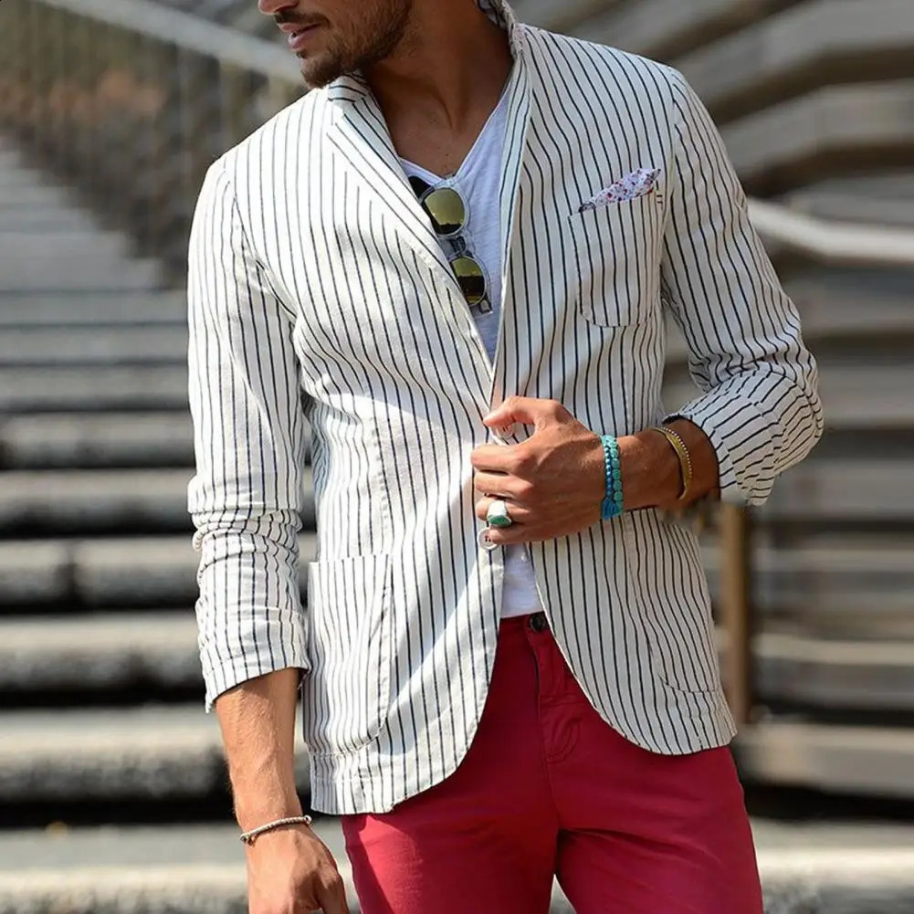 Striped Print Suit Jacket Men Lapel Long Sleeve Suit Coat Business Formal Blazer Summer Suit Coat Breathable Male Jacket 240802