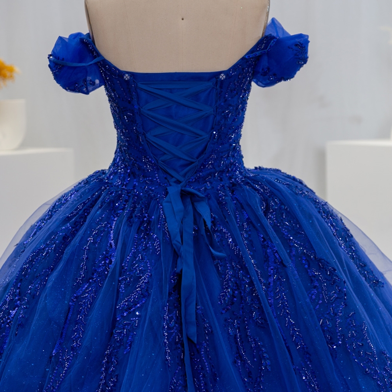 Royal Blue Quinceanera For Sweet 16 Off The Shoulder Sequined Lace Beaded Crystal Tull Graduatin Party Prom Dress vestidos de 15 anos