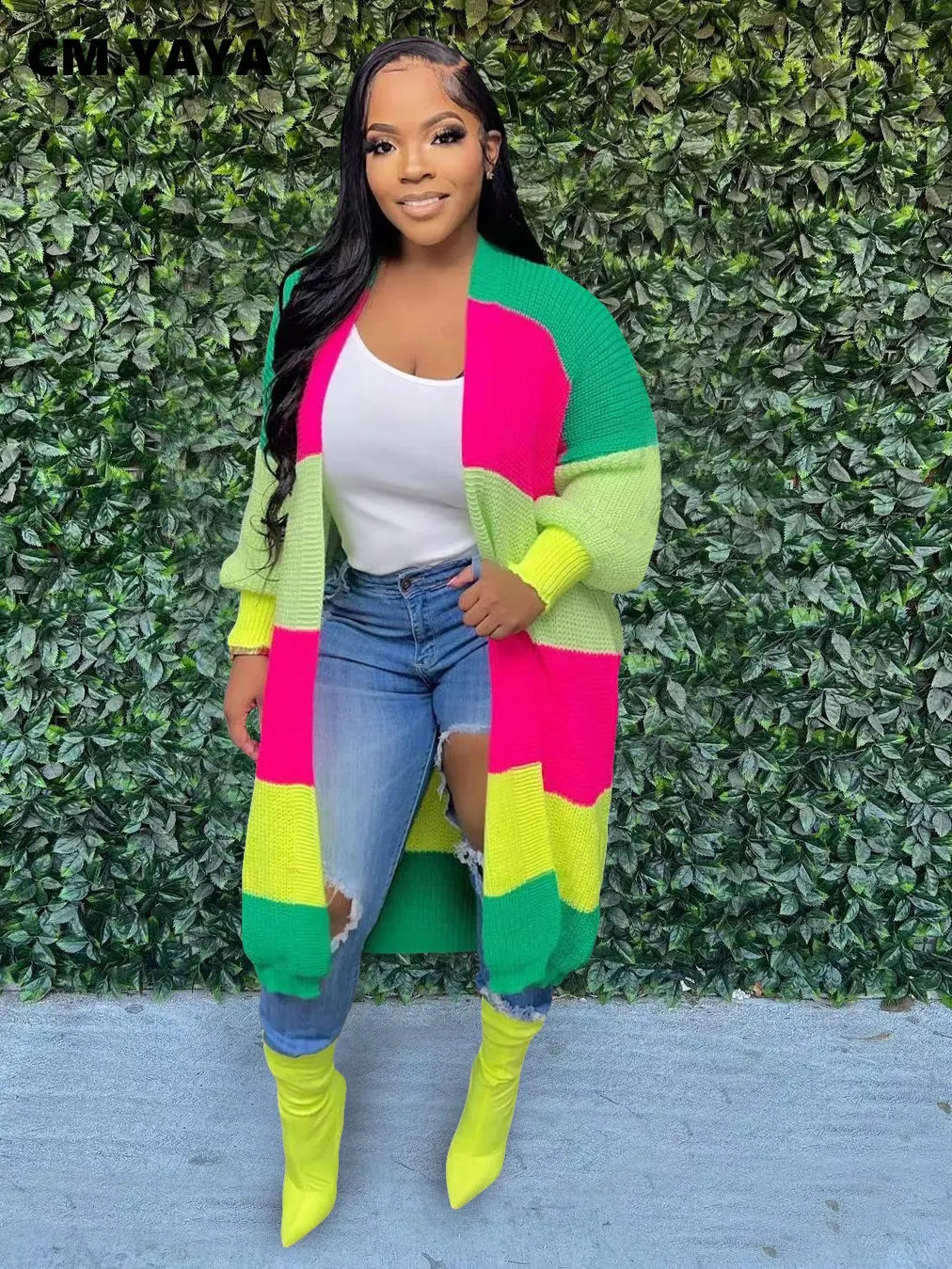 CM.YAYA Elegant Women Knit Ribbed Patchwork Long Sleeve Open Stitch Slim Cardigan Sweater Thick Warm Oversized Sweaters Outwear 240802