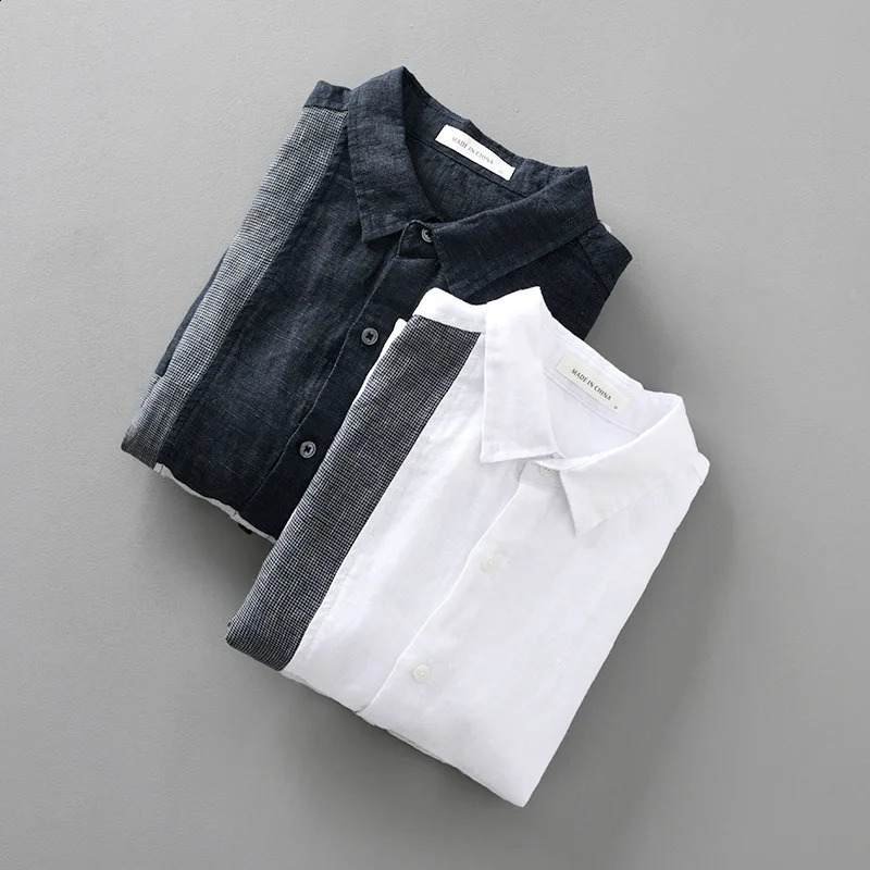 Summer fashion mens linen long sleeved thin collar fashion patch work breathable and healthy Harajuku casual loose day flat top240802
