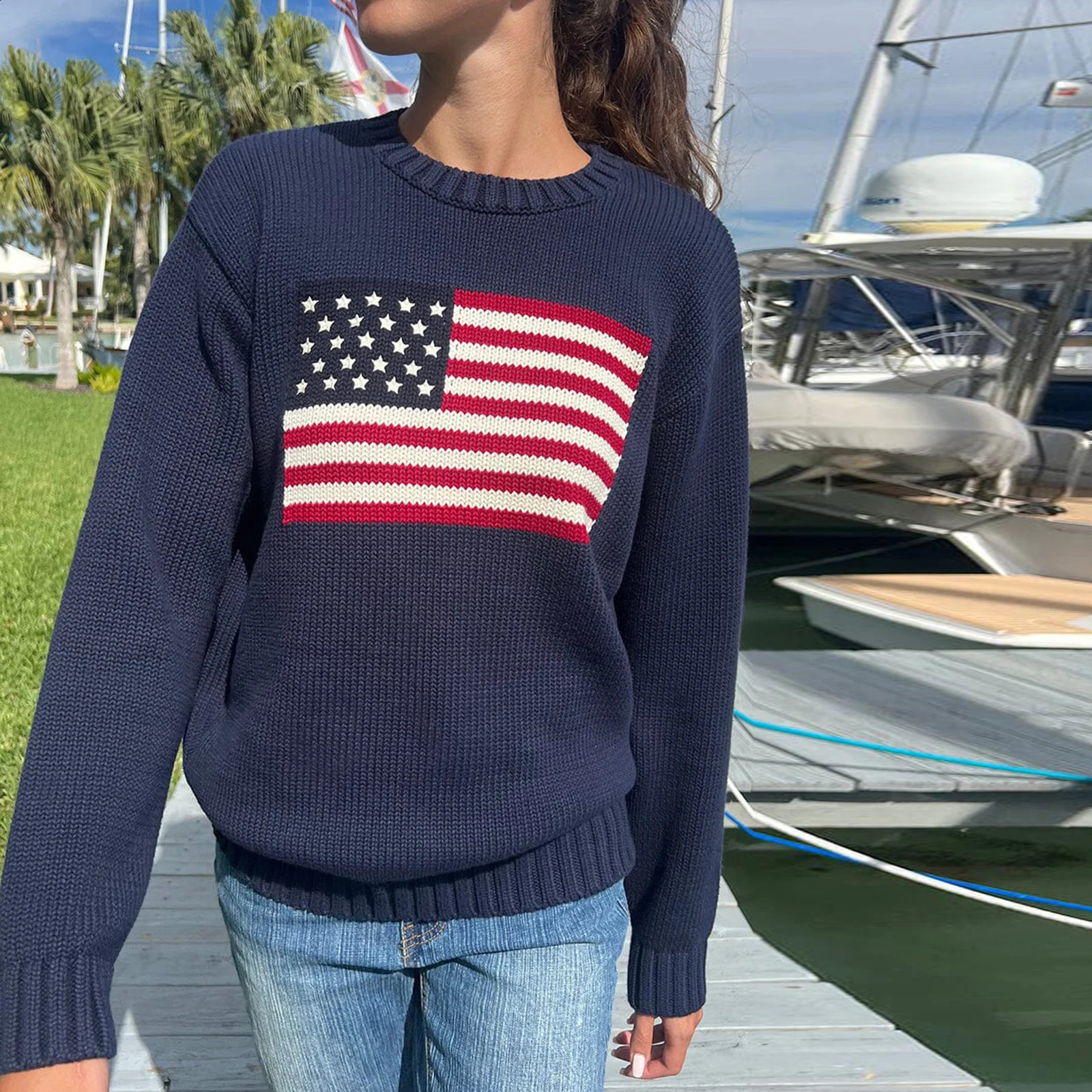Womens Loose Knit Sweaters Long Sleeve Flag Patterned Long Sweaters Round Neck Ribbed Loose Knitted Tops Pullovers 240802