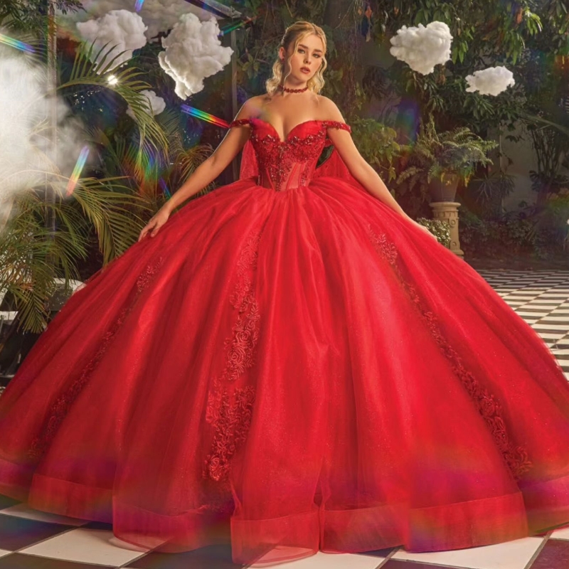Red Shiny Princess Quinceanera Dresses Off Shoulder Applique Lace Beading Tull With Cape Corset Sweet 16 Birthday Party Gown Vestidos 15 De Anos