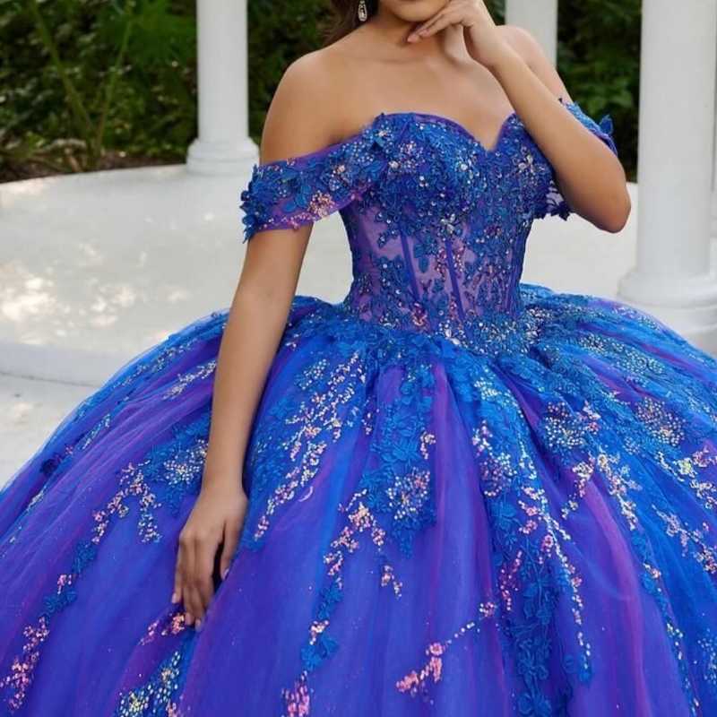 Royal Blue Quinceanera Dresses For Sweet 16 Sequined Applique Lace Beaded Tull Graduatin Party Birthday Dress vestidos de 15 anos