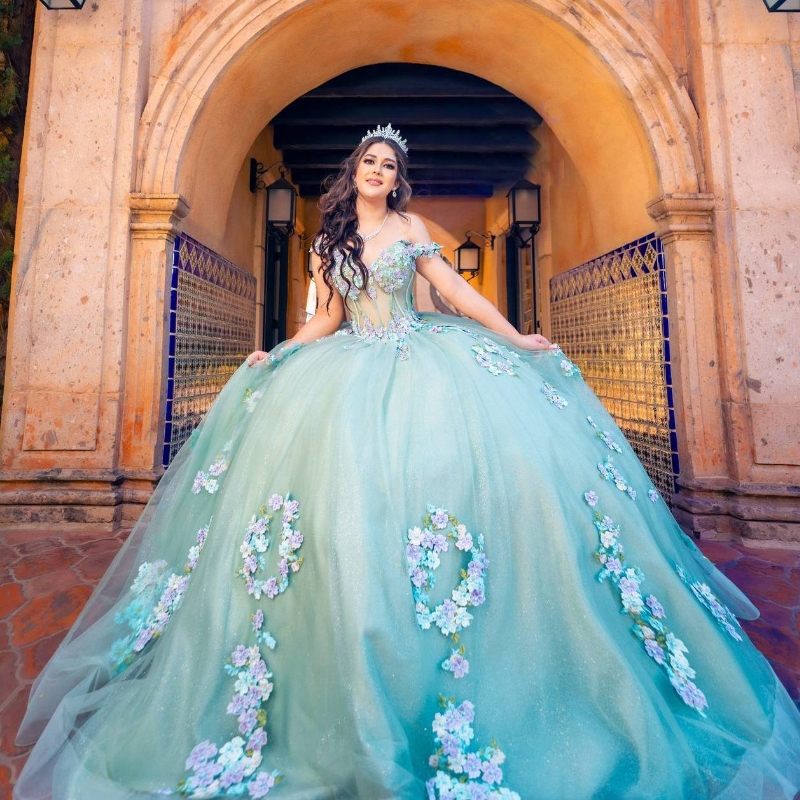 Light Green Shiny Princess Quinceanera Dresses Ball Gown Off The Shoulder Lace Applique Beading Tull Corset Sweet 16 Dress Vestido 15 De Anos