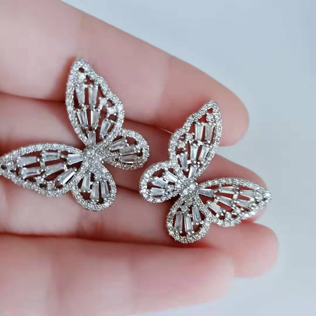 Handmade Sterg Sier Stud Earrings: Gold Fill T Princess Cut White 5A Zircon CZ Dia Party Women Butterfly OL Earring Gift