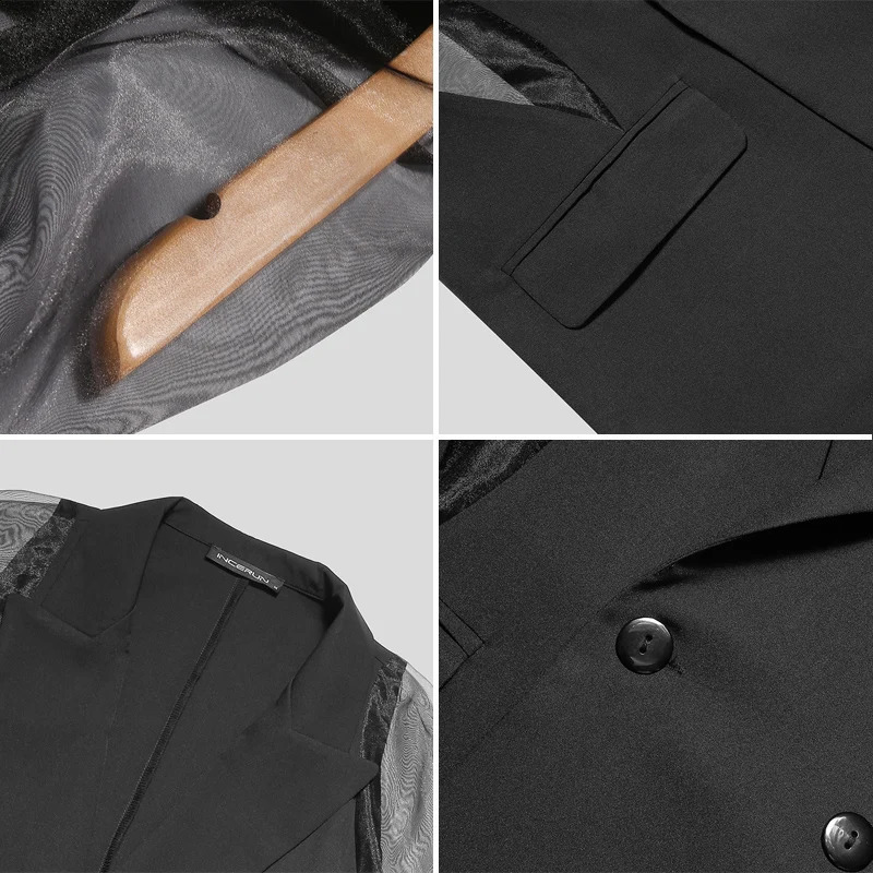 Men Blazer Mesh Patchwork See Through Streetwear Double Breasted Lapel Long Sleeve Outerwear Fashion Men Casual Suits INCERUN 240802