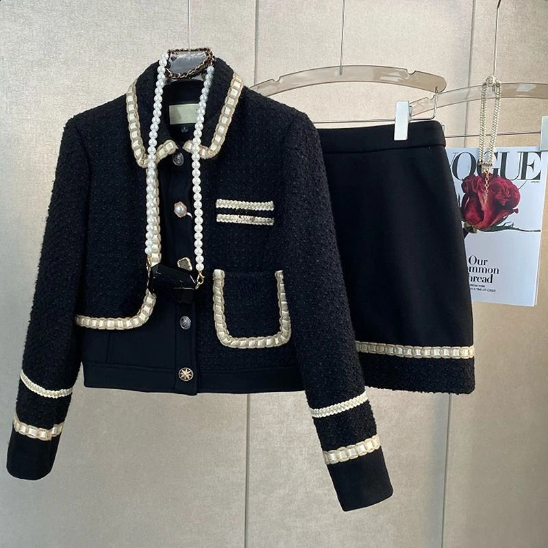 Winter Vintage Small Fragrant Black Tweed Coat Woolen Jacket Two Suit Wrap Hip Mini Skirts Dress Sets Fashion Clothes Women 240729