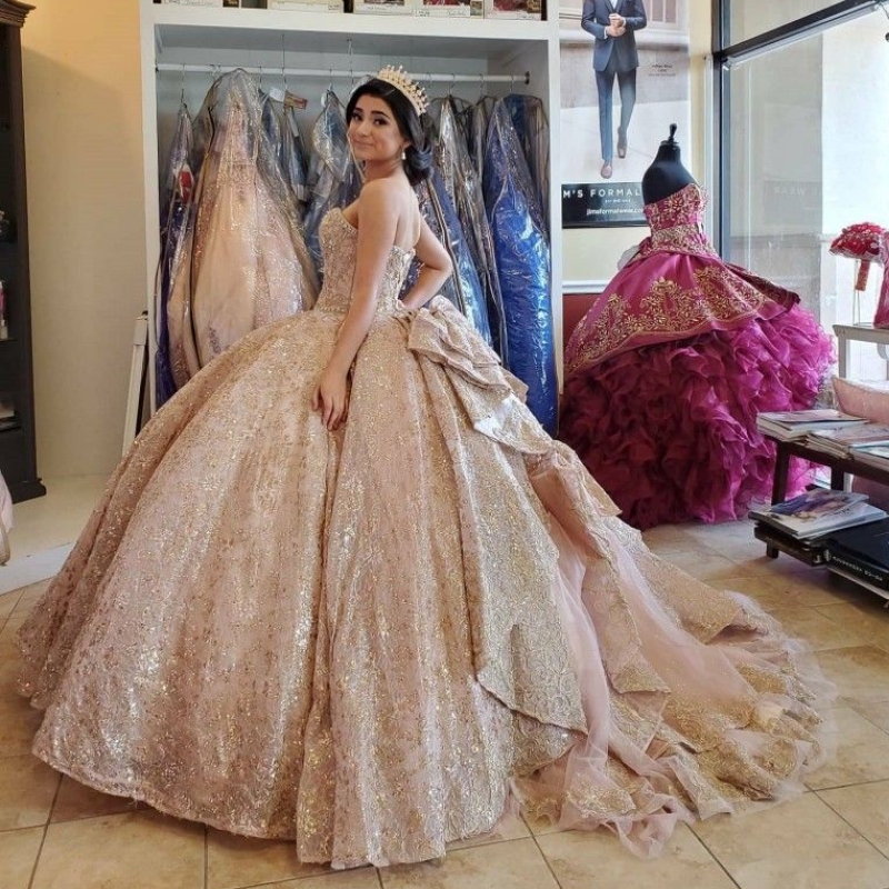 Pink Sweetheart Quinceanera With Bows Ball Birthday Gown Applique Lace Beads Crystal Tulle Sweet 16 Dresses vestidos de 15