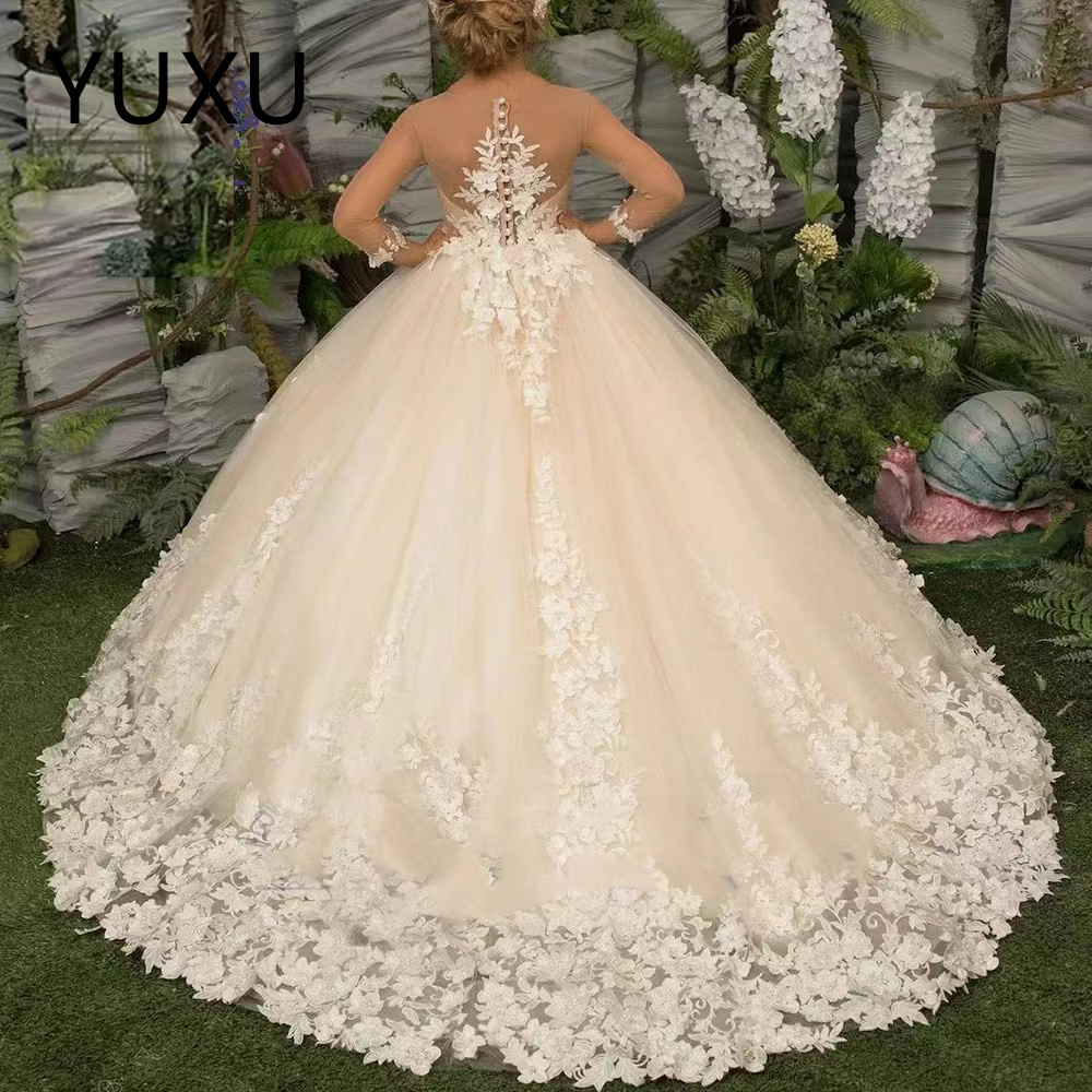 White Puffy Lace Beads Wer Girl Drees Bow Tulle Long Sleeves Baby Kids Formal Birthday Party Gowns Prince Todder Long Train First Communion Wedding