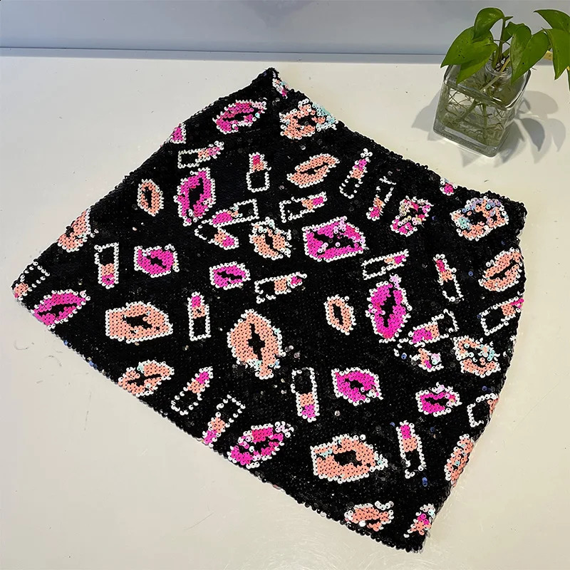 lipstick embroidery skirts women fashion sequined mini skirts woman hippie skirts sequin skirt women 240802