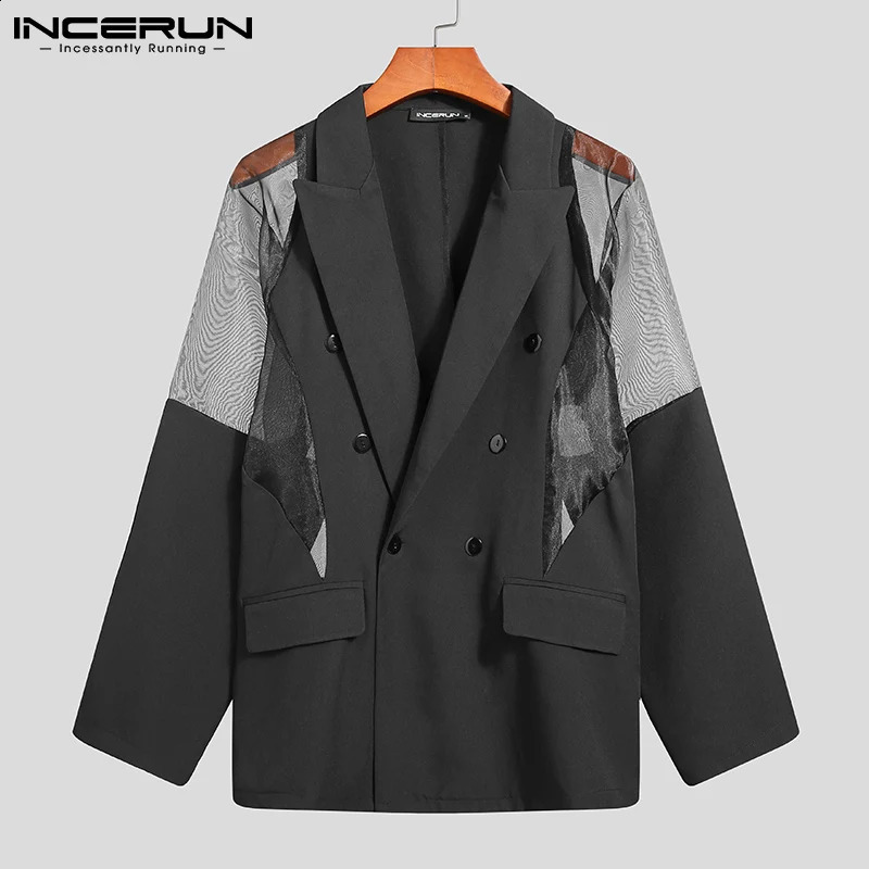 Men Blazer Mesh Patchwork See Through Streetwear Double Breasted Lapel Long Sleeve Outerwear Fashion Men Casual Suits INCERUN 240802