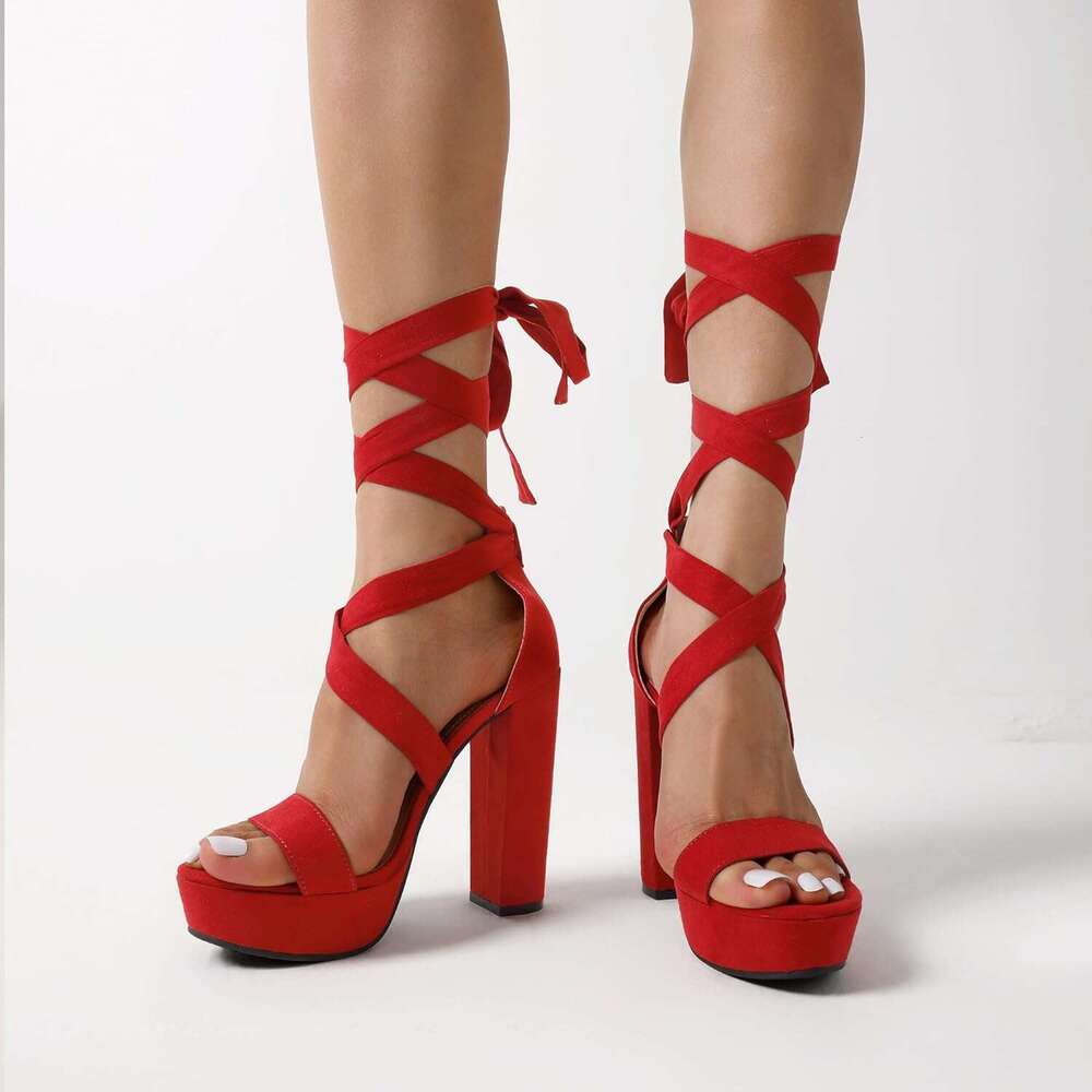 High thick soled women's shoes lace up gladiators sexy open toed high heels fashionable shallow sandals
