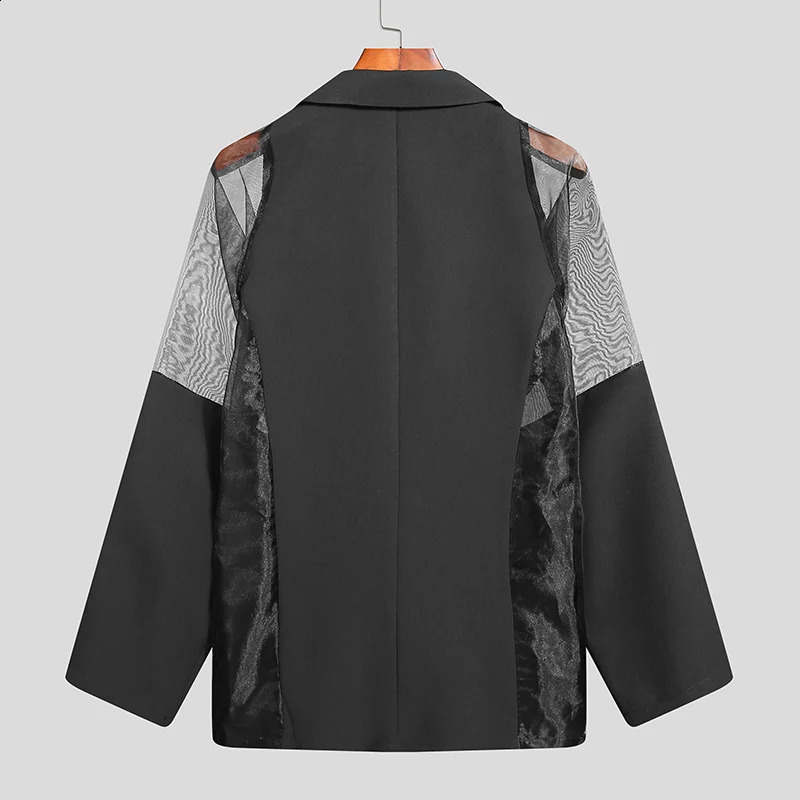 Men Blazer Mesh Patchwork See Through Streetwear Double Breasted Lapel Long Sleeve Outerwear Fashion Men Casual Suits INCERUN 240802