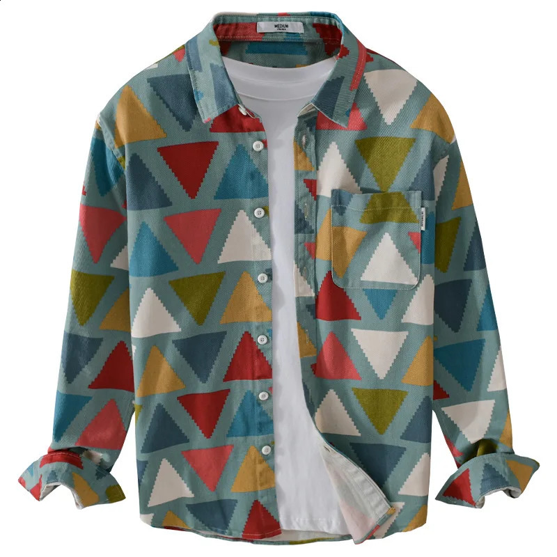9655 100% cotton spring and autumn fashion mens color printed long sleeved shirt Japanese style geometric fashion casual street top240802