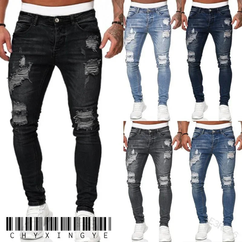 Mens Skinny Ripped jeans Slim scarification Blue Denim Pencil Pants Street hip-hop denim trousers fashion cowboy clothing men 240814