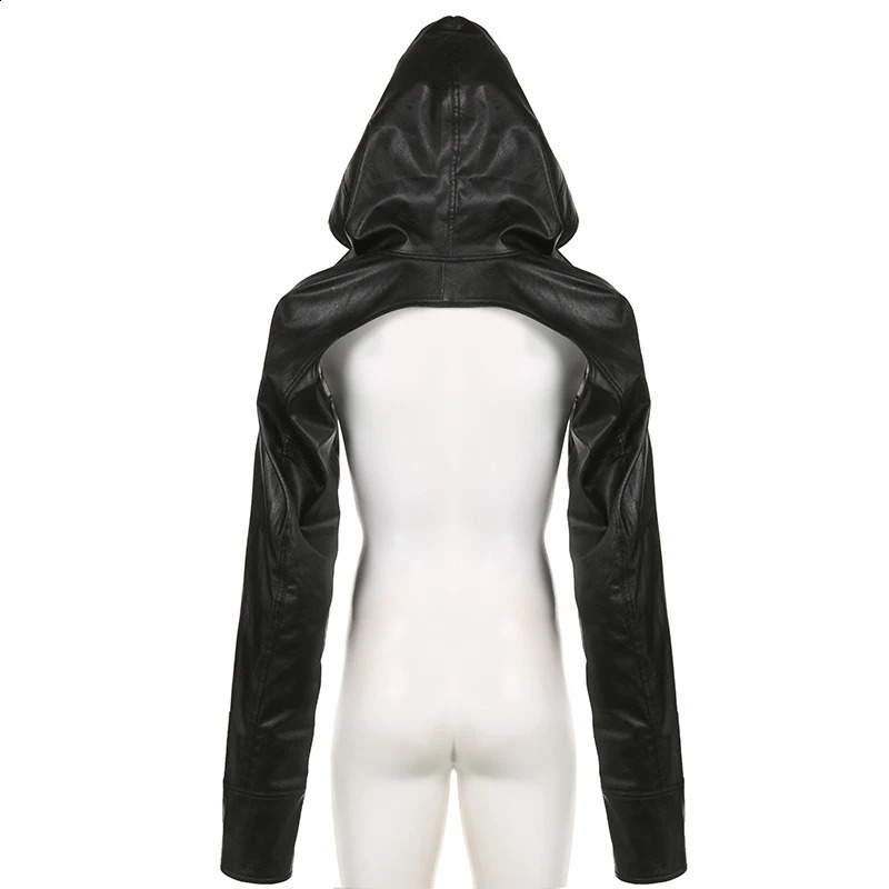 BKLD Gothic Crop PU Leather Hooded Jacket Women Motorcycle Long Sleeve Backless UltraShort Y2K Streetwear All Match Outwear 240802