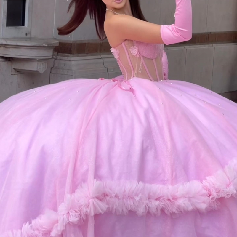 Pink Shiny Quinceanera Dresses Appliques Beading Crystal Tull Tired Off the Shoulder Princess Ball Gown For Sweet 16 Vestidos De 15 Anos