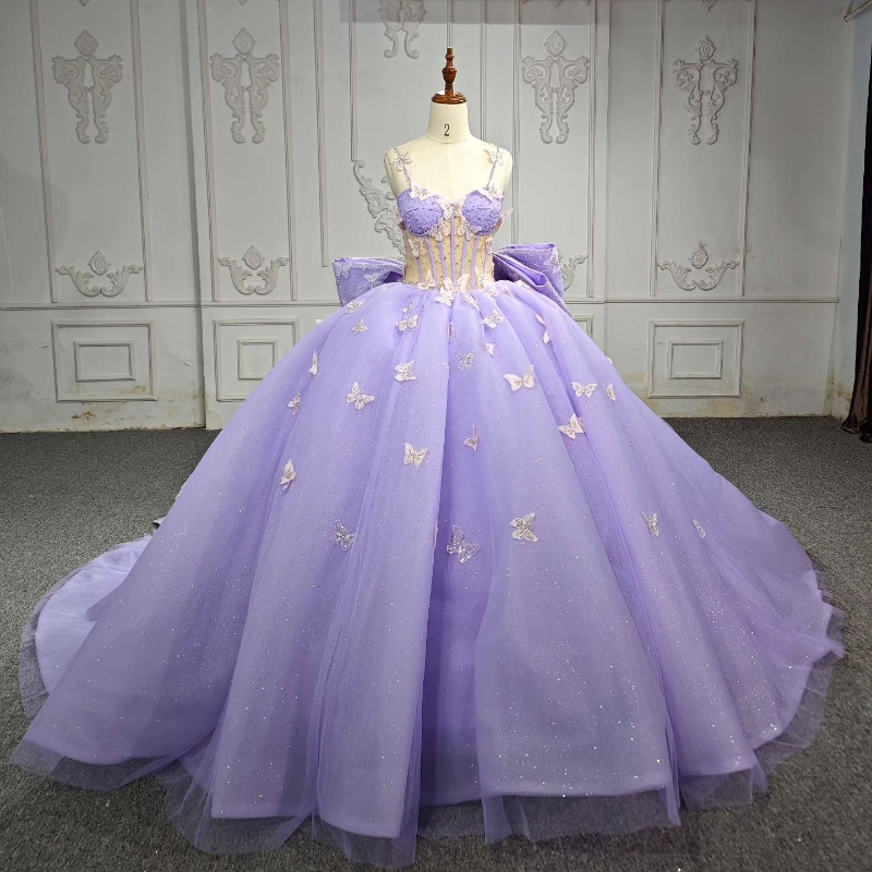 Lavender Shiny Sweetheart Quinceanera Dress Party Gown Off The Shoulder Beads Crystal Bow Tull Princess Sweet 16 Year Vestido De 15 Anos