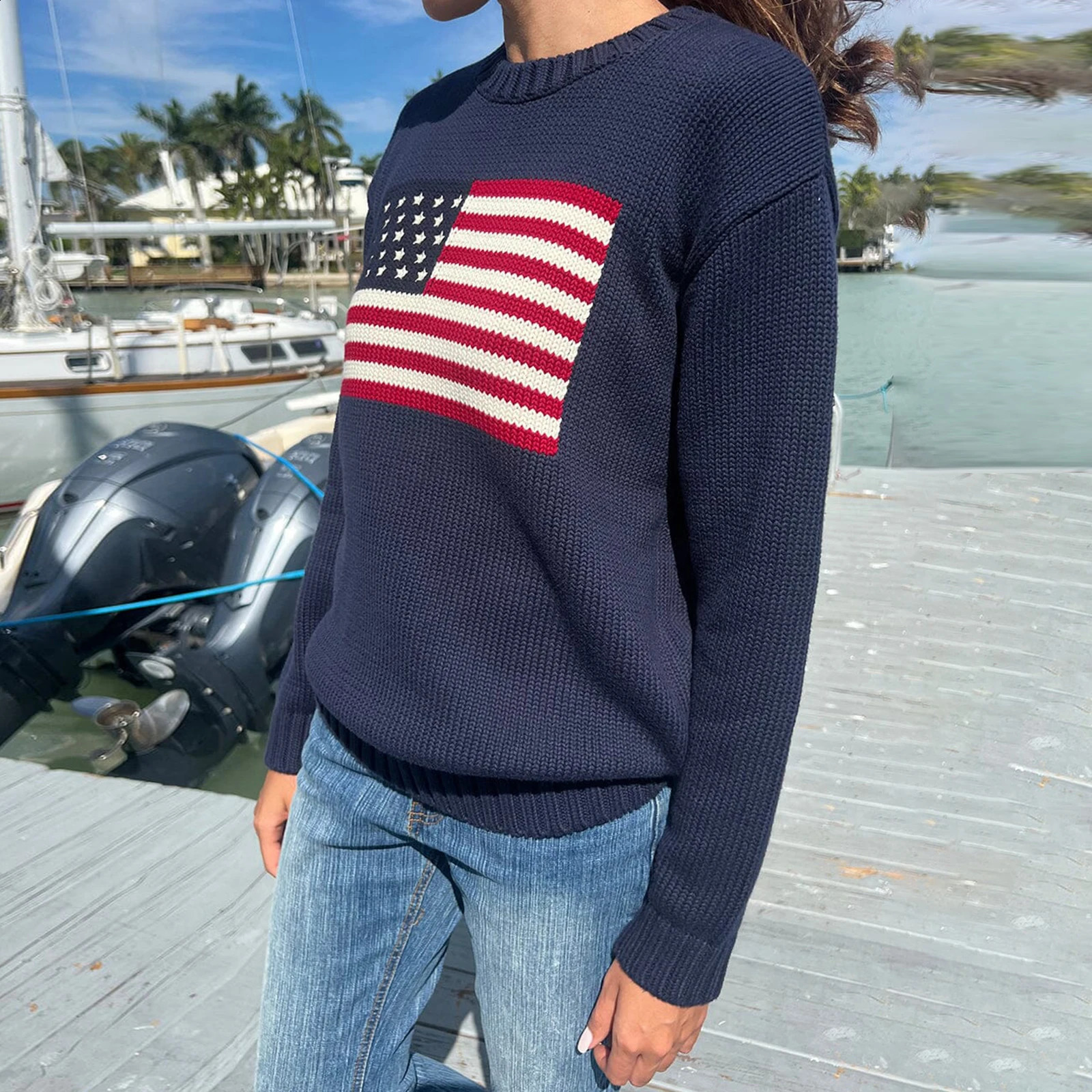 Womens Loose Knit Sweaters Long Sleeve Flag Patterned Long Sweaters Round Neck Ribbed Loose Knitted Tops Pullovers 240802
