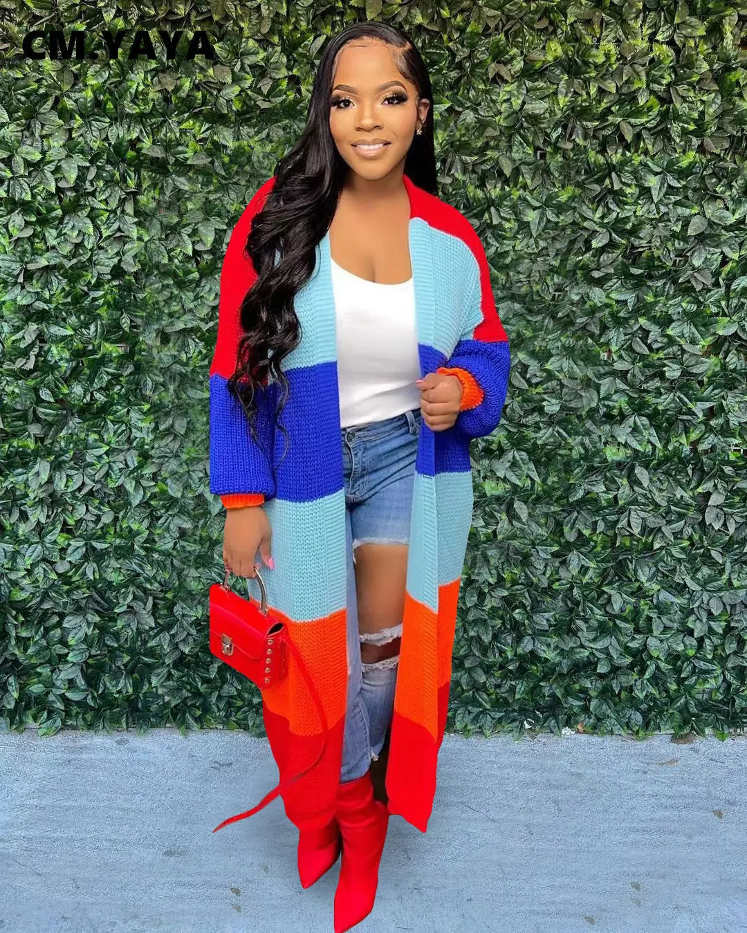 CM.YAYA Elegant Women Knit Ribbed Patchwork Long Sleeve Open Stitch Slim Cardigan Sweater Thick Warm Oversized Sweaters Outwear 240802