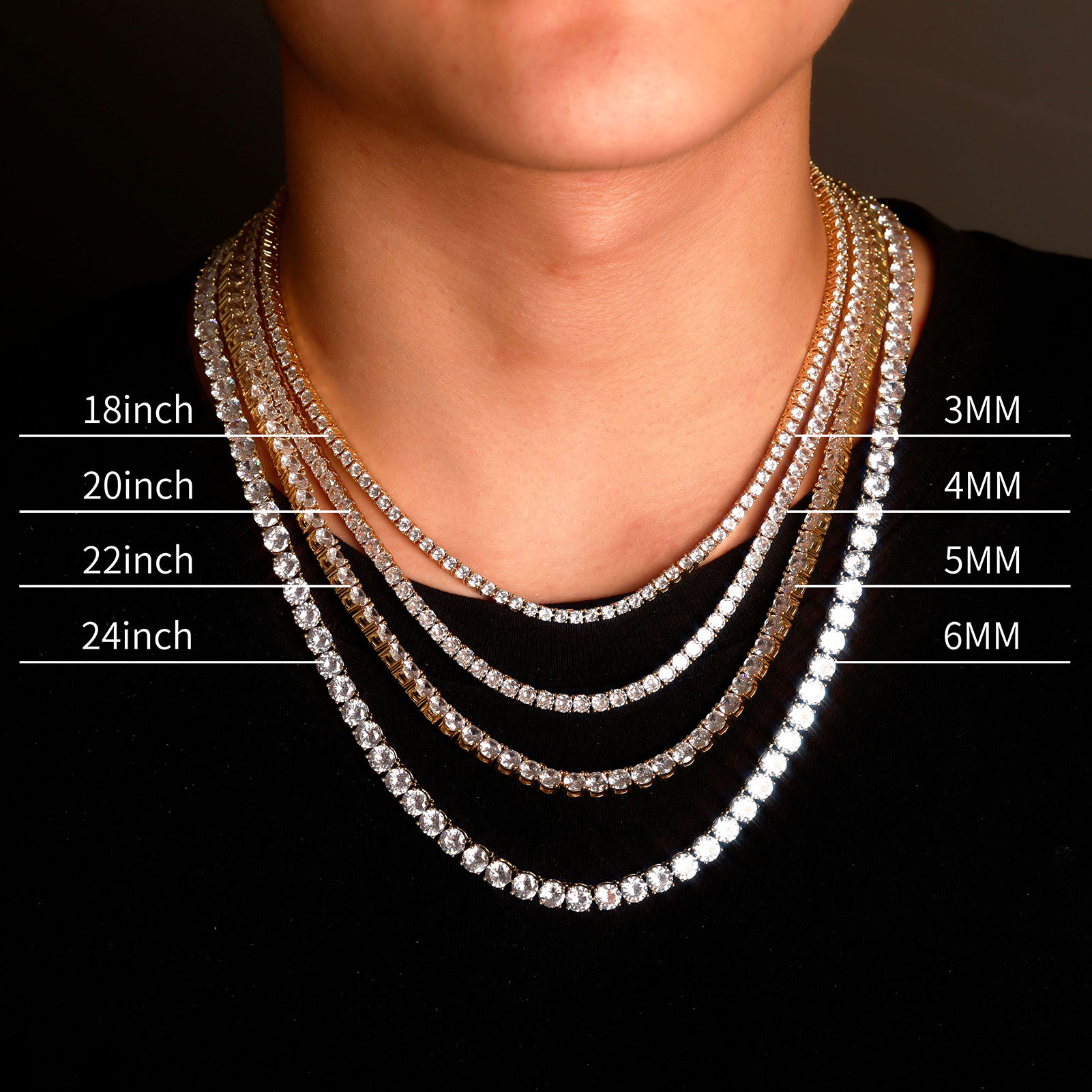 3mm 4mm 5mm 6mm Hip Hop Tennis Chains Jewelry Mens Diamond Necklaces 18k Real Gold /White Gold Plated TopBling Graduated