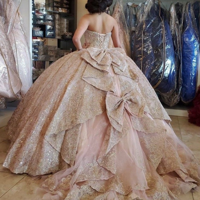 Pink Sweetheart Quinceanera With Bows Ball Birthday Gown Applique Lace Beads Crystal Tulle Sweet 16 Dresses vestidos de 15