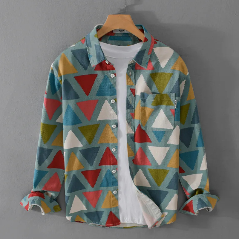 9655 100% cotton spring and autumn fashion mens color printed long sleeved shirt Japanese style geometric fashion casual street top240802