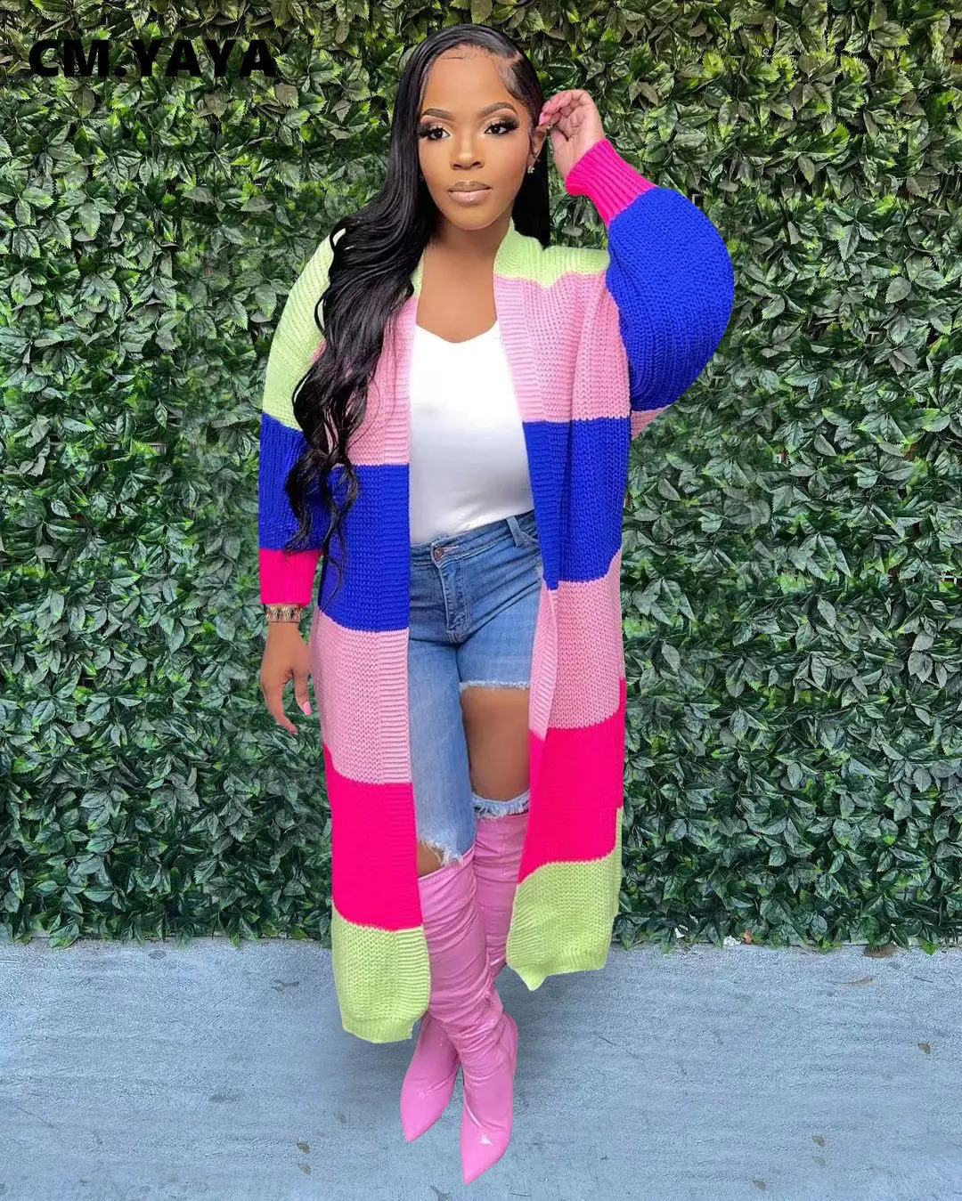 CM.YAYA Elegant Women Knit Ribbed Patchwork Long Sleeve Open Stitch Slim Cardigan Sweater Thick Warm Oversized Sweaters Outwear 240802