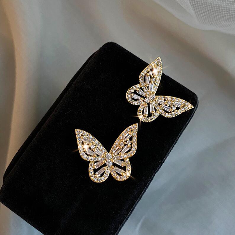 Handmade Sterg Sier Stud Earrings: Gold Fill T Princess Cut White 5A Zircon CZ Dia Party Women Butterfly OL Earring Gift