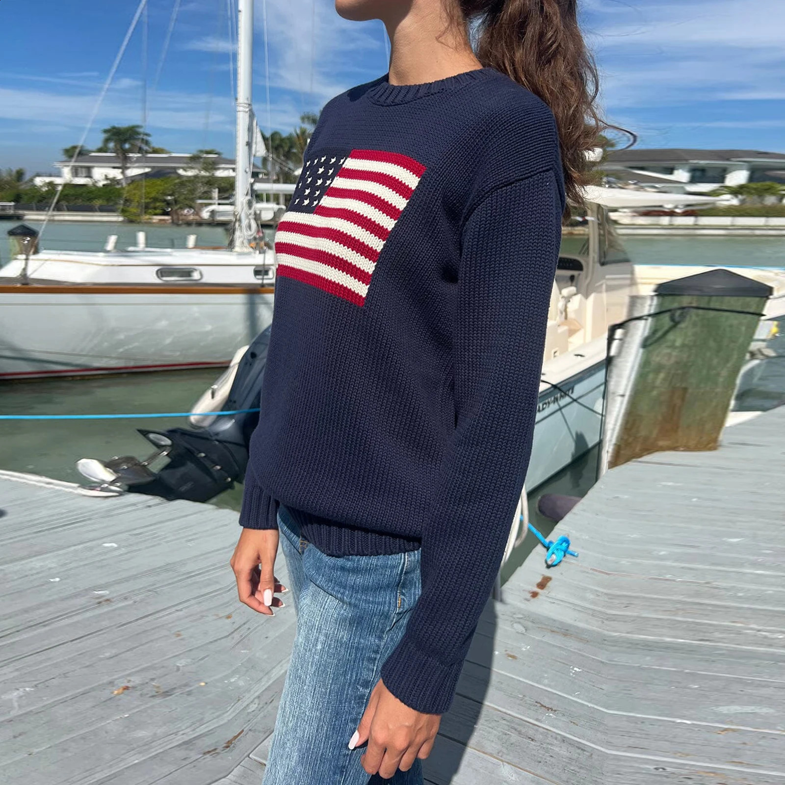 Womens Loose Knit Sweaters Long Sleeve Flag Patterned Long Sweaters Round Neck Ribbed Loose Knitted Tops Pullovers 240802
