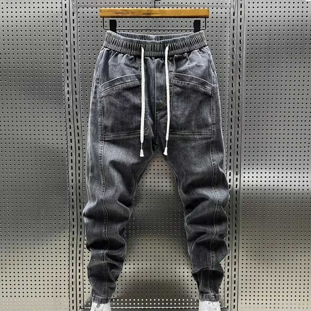Commodity harem mens clothing spring and autumn mens clothing jeans fashionable drawstring pockets denim pants solid color casual multi pocket mens cl