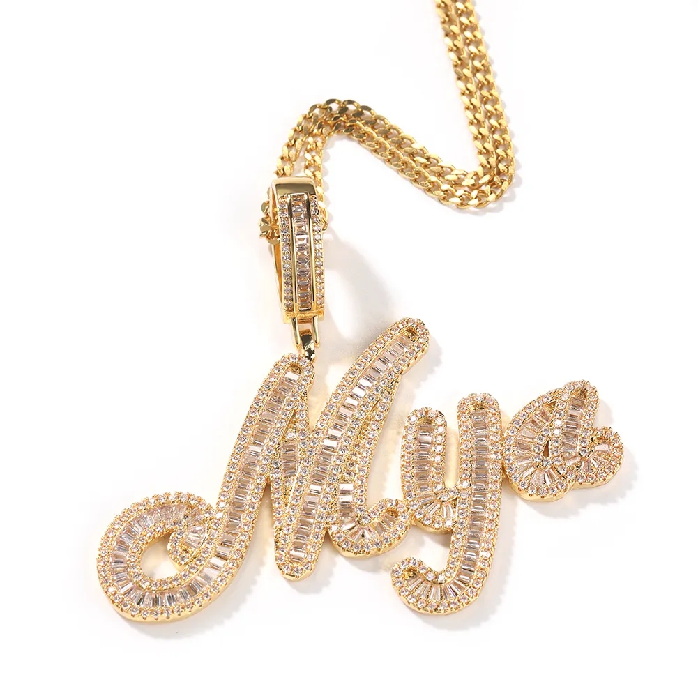 A-Z Custom Art Letters Name Pendant Necklace T Cubic Zircon Hip Hop Real Gold Plated Jewelry