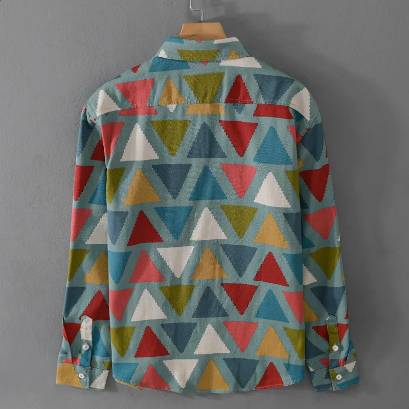 9655 100% cotton spring and autumn fashion mens color printed long sleeved shirt Japanese style geometric fashion casual street top240802