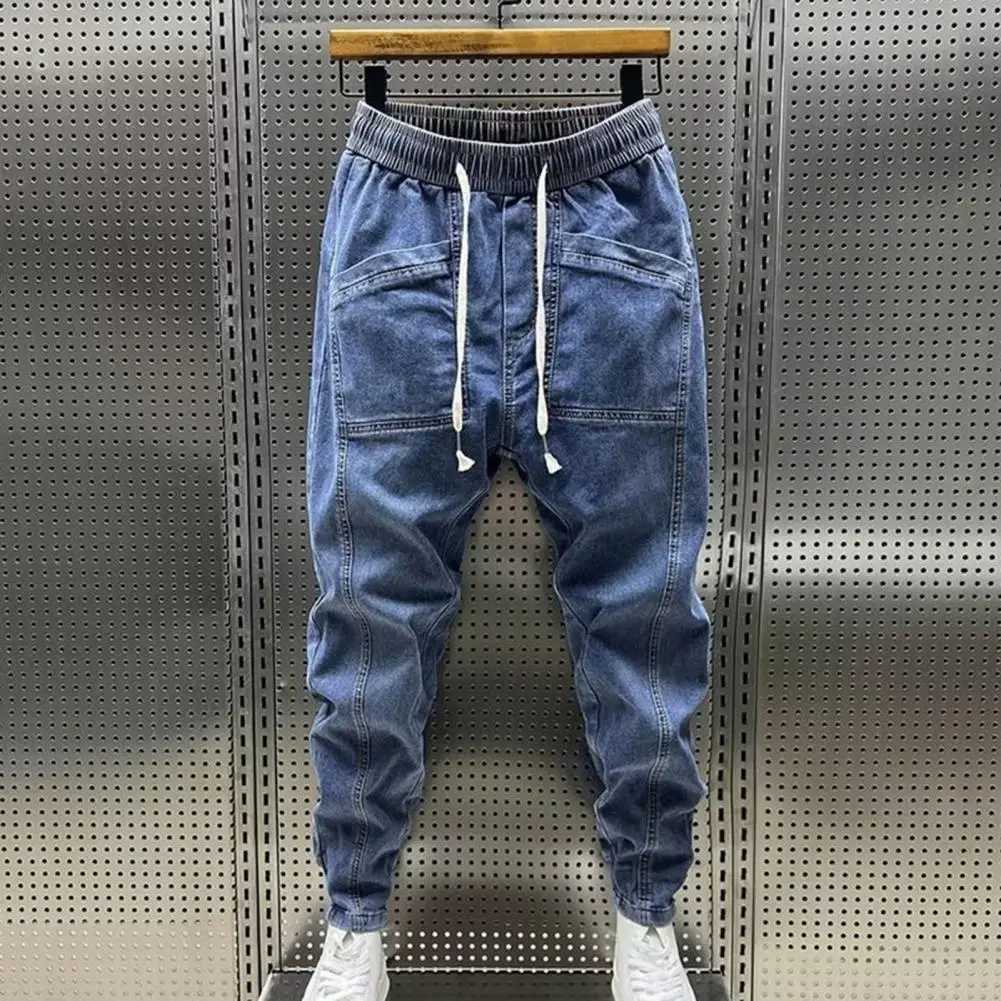 Commodity harem mens clothing spring and autumn mens clothing jeans fashionable drawstring pockets denim pants solid color casual multi pocket mens cl