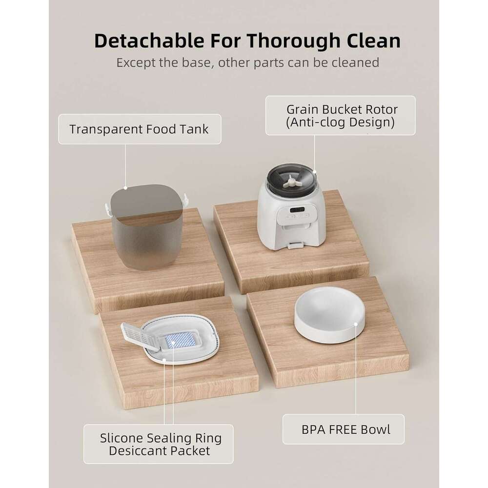 Automatic Cat Feeder, 4L Detachable Cat Food Dispenser for Dry Food Up to 15 Portions(8g/Portion) 6 Meals Per Day, Dual Power Supply Timed Cat Feeders