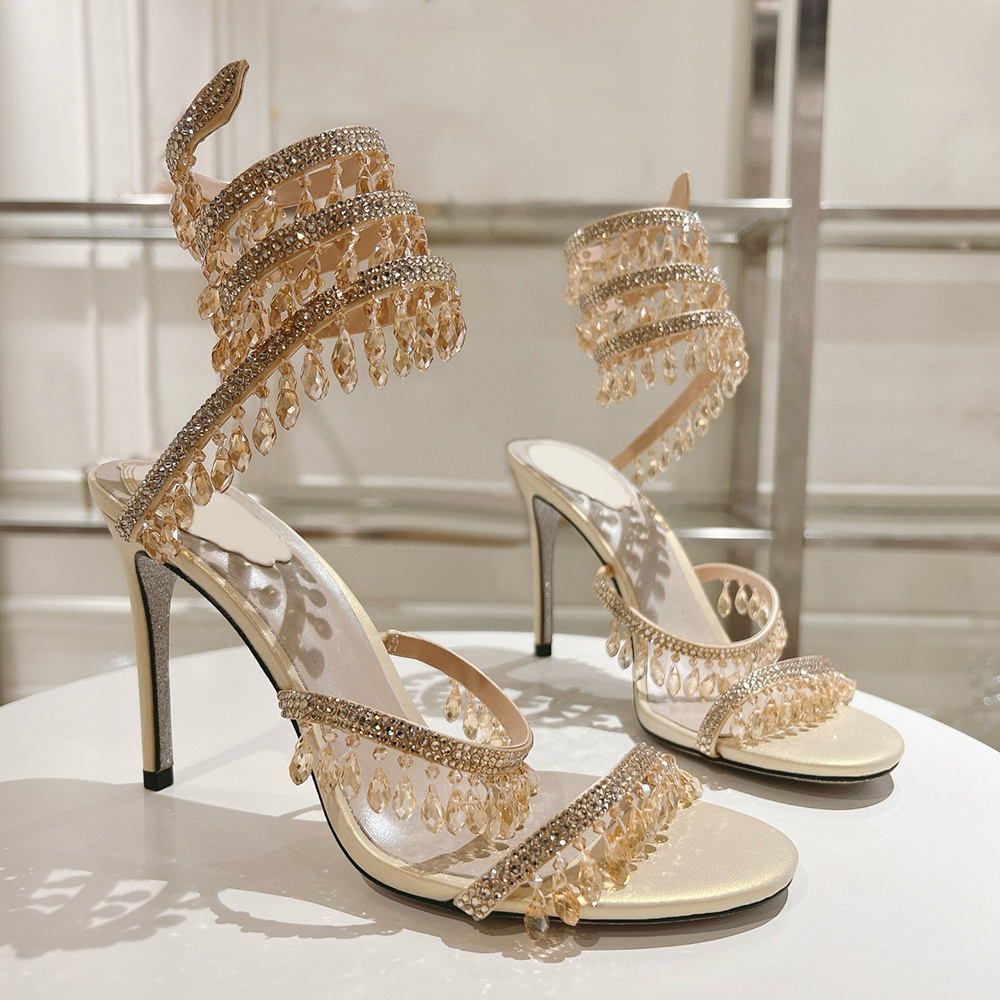 Crystal lamp stiletto Heel sandals for womens shoe rhinestone studded Snake Strass shoes Luxury Designers 9.5cm high heeled sandal With box 34-43